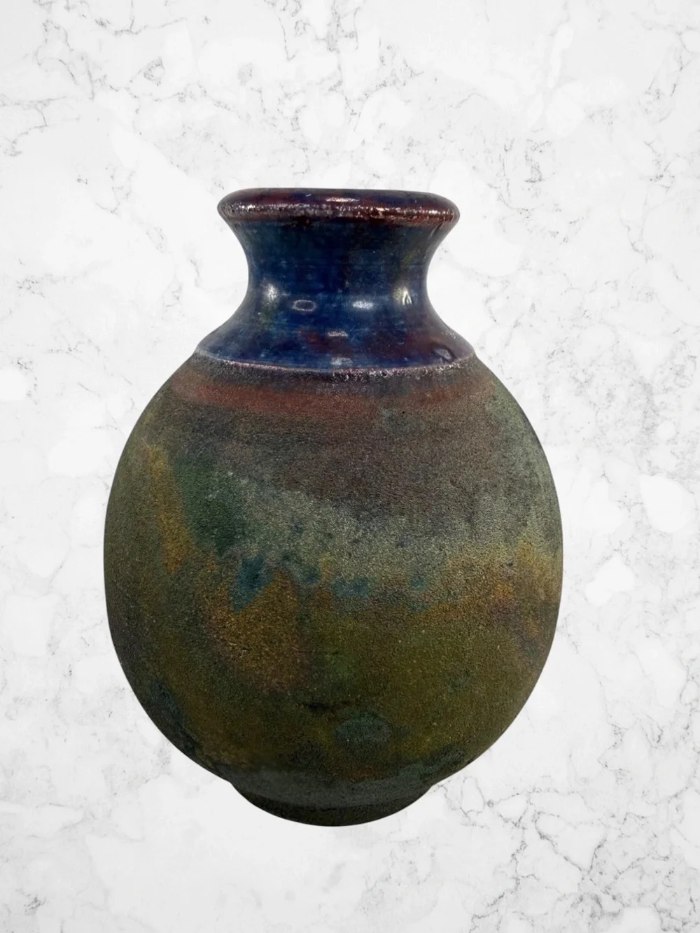 Vintage Raku Art Pottery Bud Table Vase Floral Green Gold Blue Artisan Signed